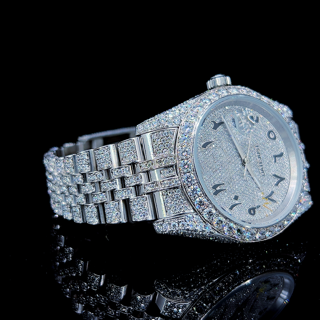 Circle Iced Out Men’s Watch – White and Orange with Pavé Diamonds ELV-DW-028