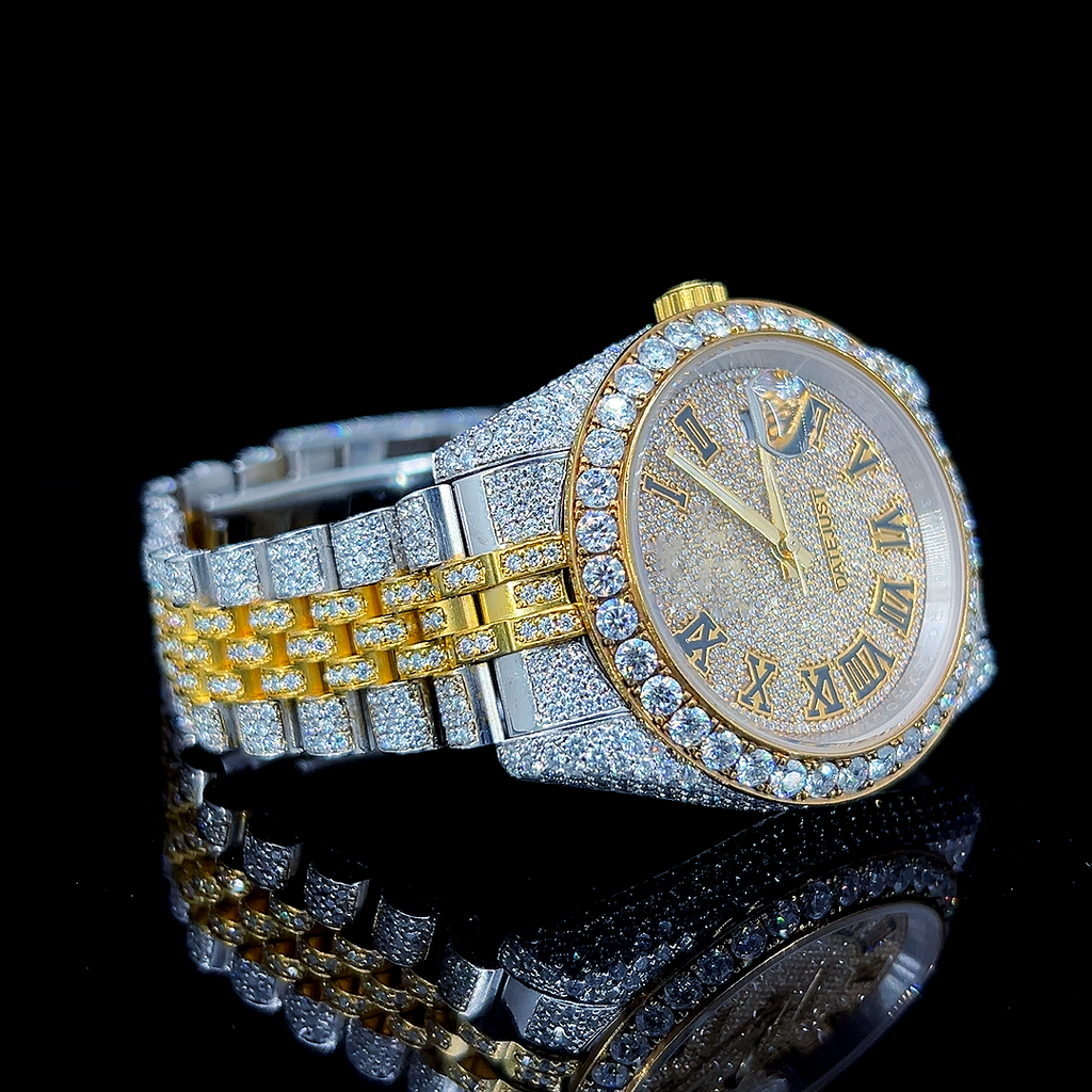 Circle Iced Out Men’s Watch – White and Orange with Pavé Diamonds ELV-DW-026