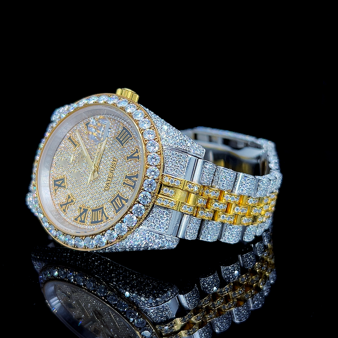 Circle Iced Out Men’s Watch – White and Orange with Pavé Diamonds ELV-DW-026