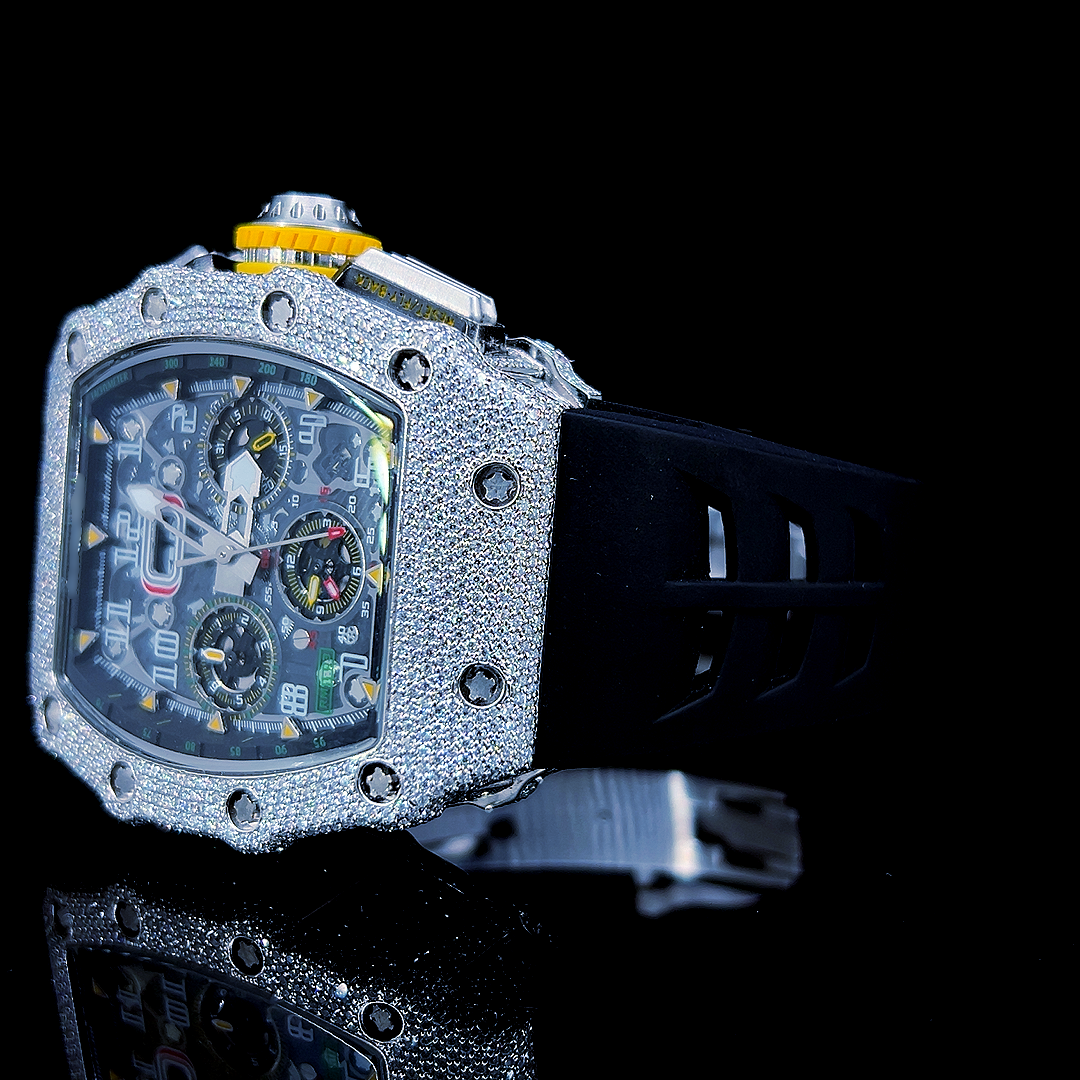 Square Iced Out Men’s Watch – White with Pavé Diamonds ELV-DW-024