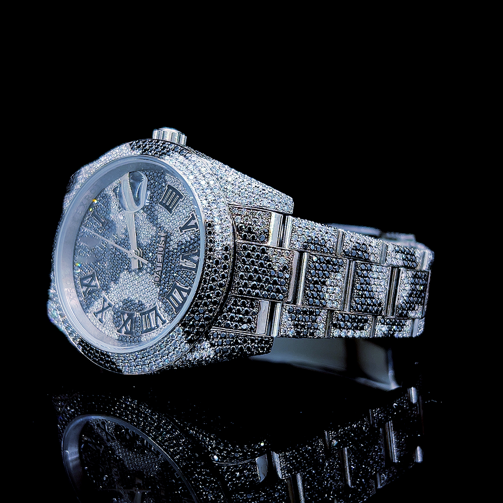 Circle Iced Out Men’s Watch – White and Orange with Pavé Diamonds ELV-DW-023