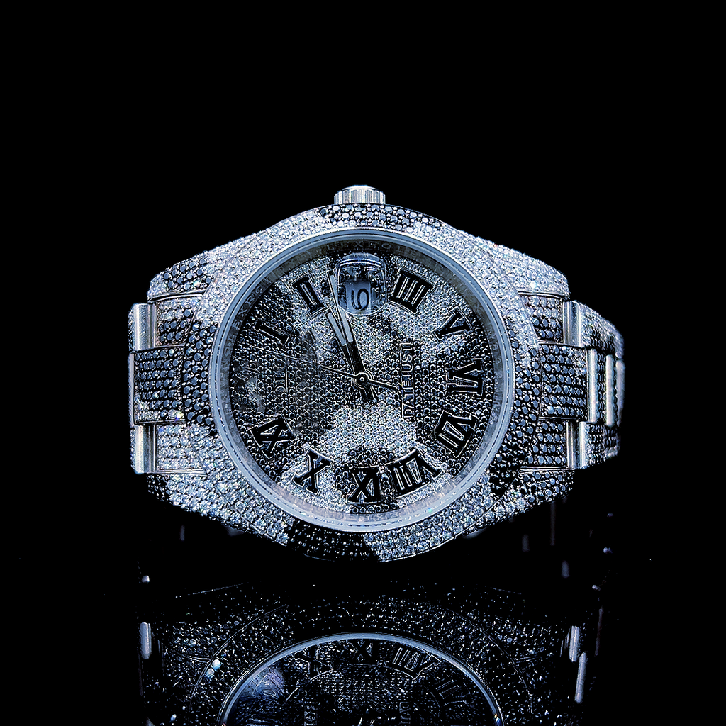 Circle Iced Out Men’s Watch – White and Orange with Pavé Diamonds ELV-DW-023
