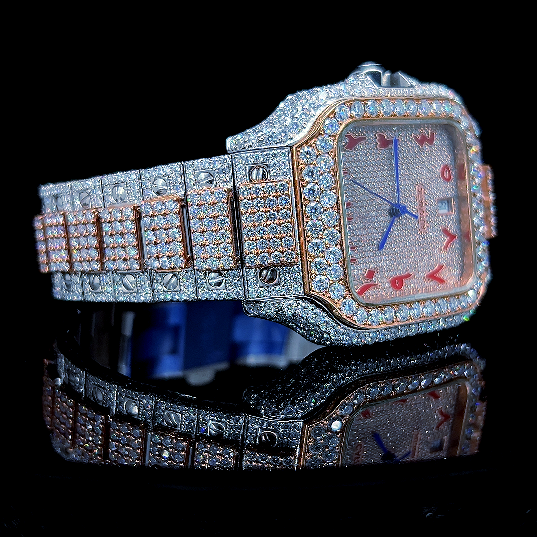 Square Iced Out Men’s Watch – White and Orange with Pavé Diamonds ELV-DW-020