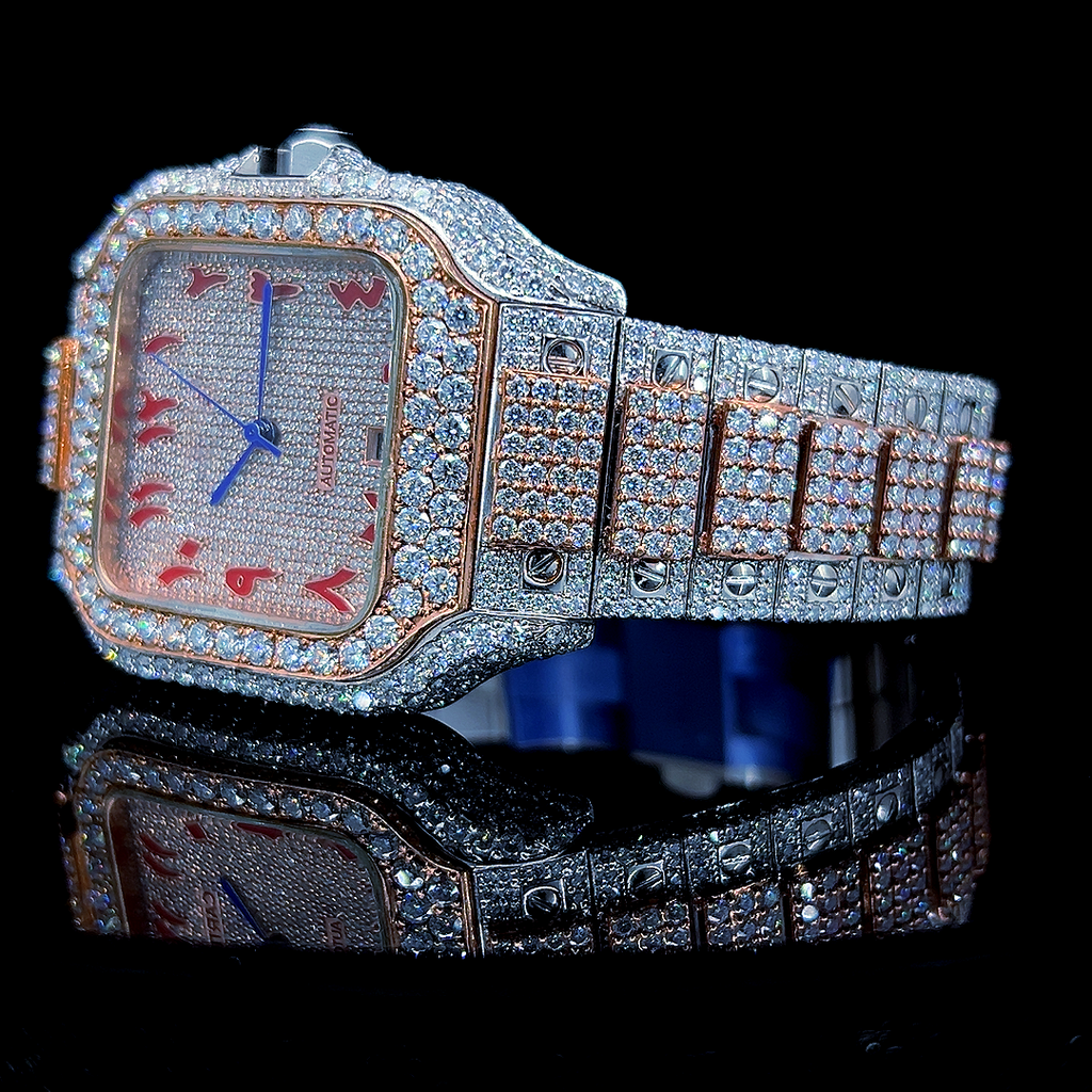 Square Iced Out Men’s Watch – White and Orange with Pavé Diamonds ELV-DW-020