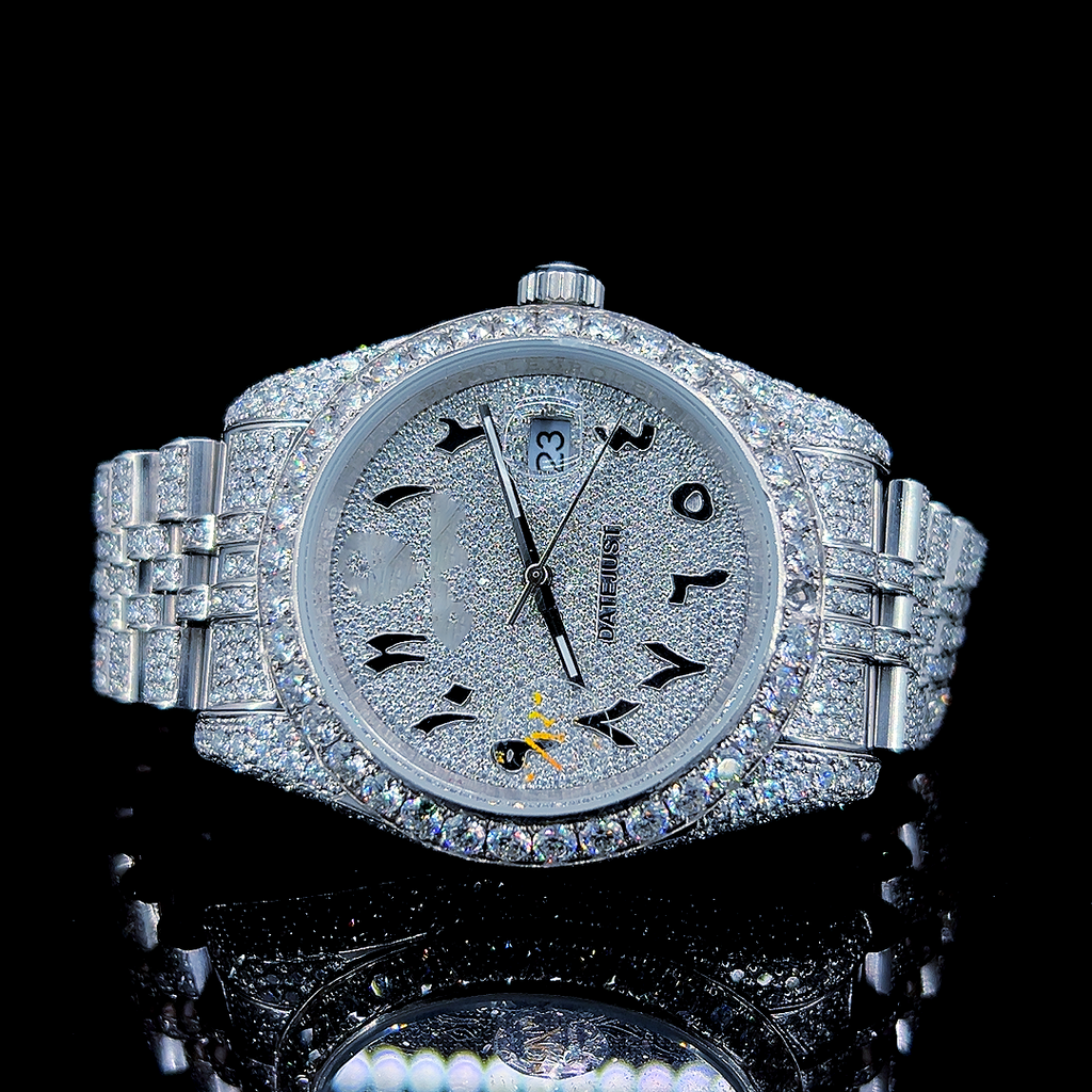 Circle Iced Out Men’s Watch – White and Orange with Pavé Diamonds ELV-DW-028