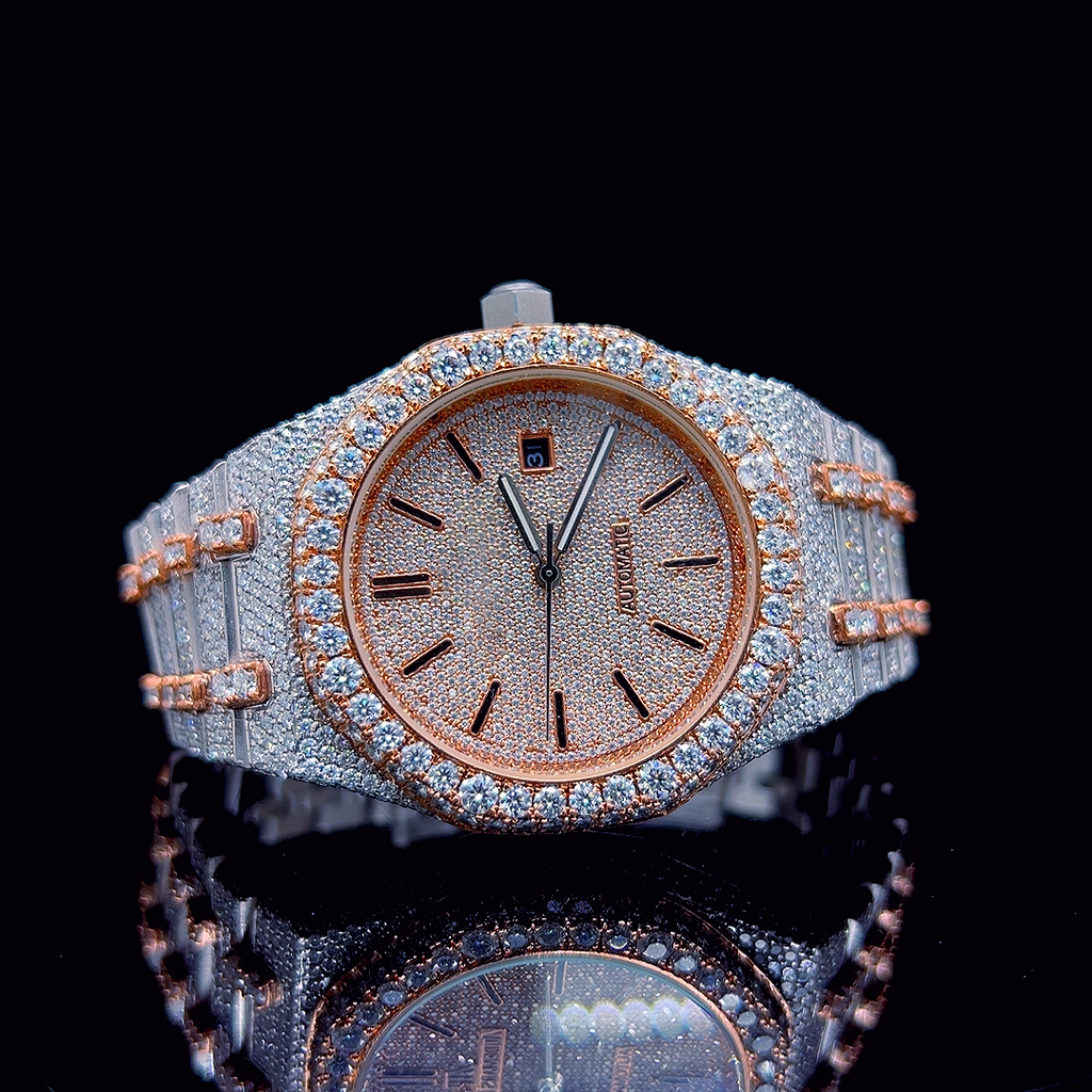 Circle Iced Out Men’s Watch – White and Orange with Pavé Diamonds ELV-DW-014