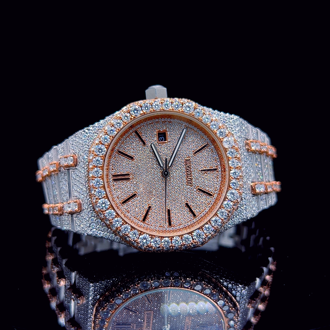 Circle Iced Out Men’s Watch – White and Orange with Pavé Diamonds ELV-DW-014