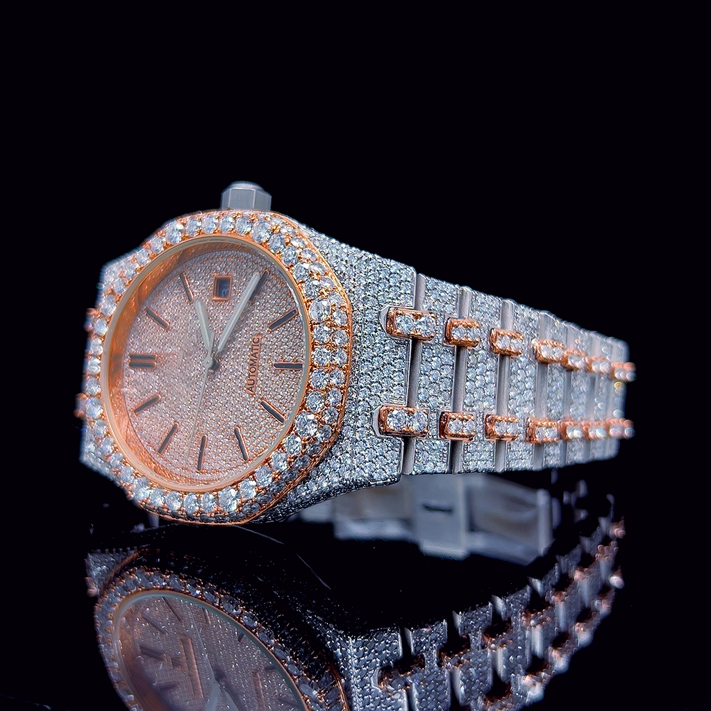 Circle Iced Out Men’s Watch – White and Orange with Pavé Diamonds ELV-DW-014