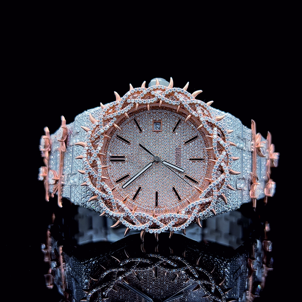 Circle Iced Out Men’s Watch – White and Orange with Pavé Diamonds ELV-DW-013