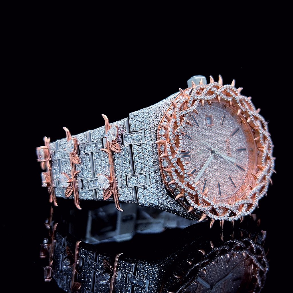 Circle Iced Out Men’s Watch – White and Orange with Pavé Diamonds ELV-DW-013