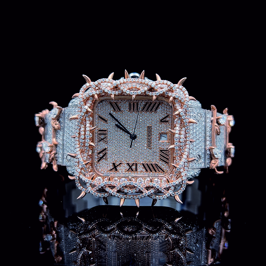 Square Iced Out Men’s Watch – White and Orange with Pavé Diamonds ELV-DW-012