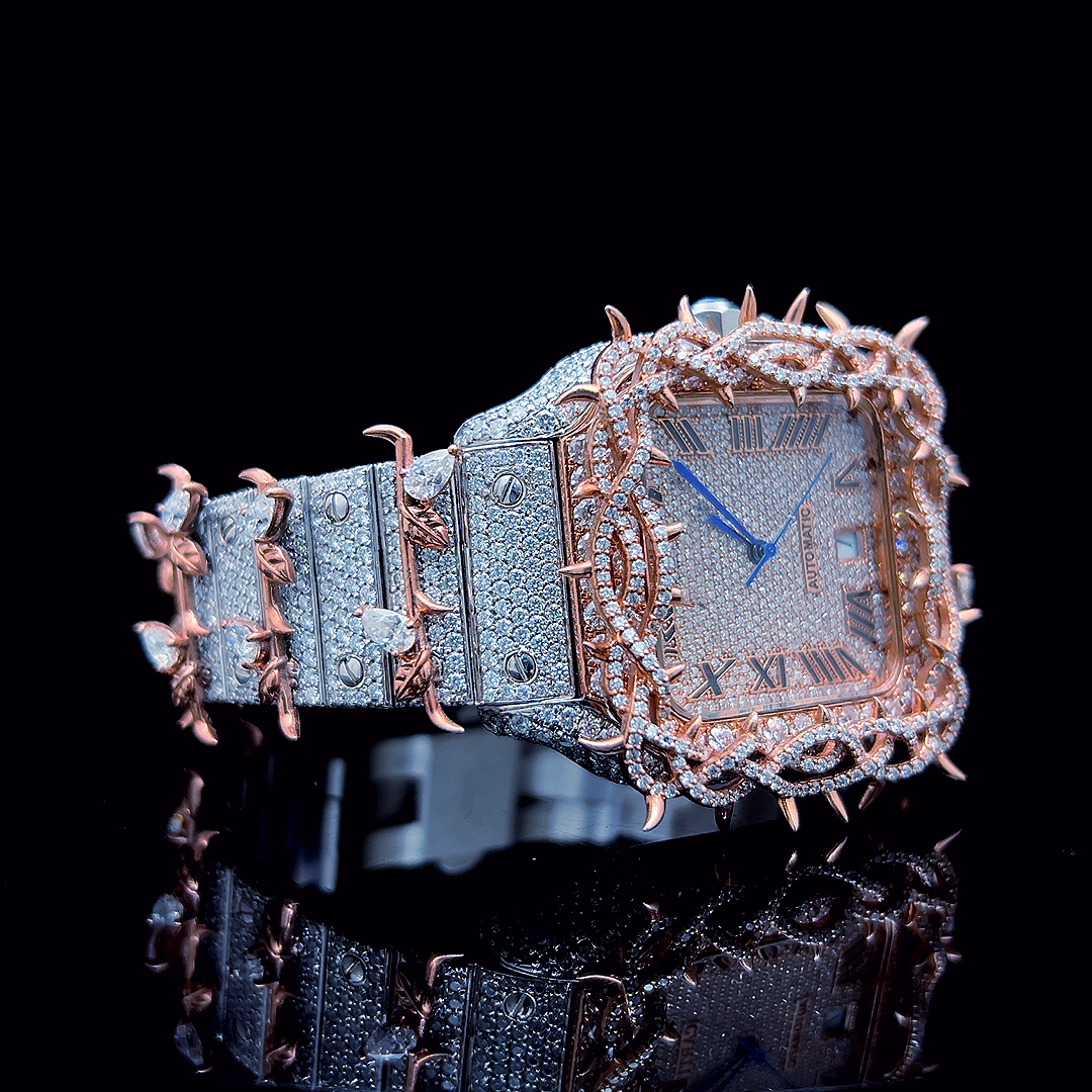 Square Iced Out Men’s Watch – White and Orange with Pavé Diamonds ELV-DW-012