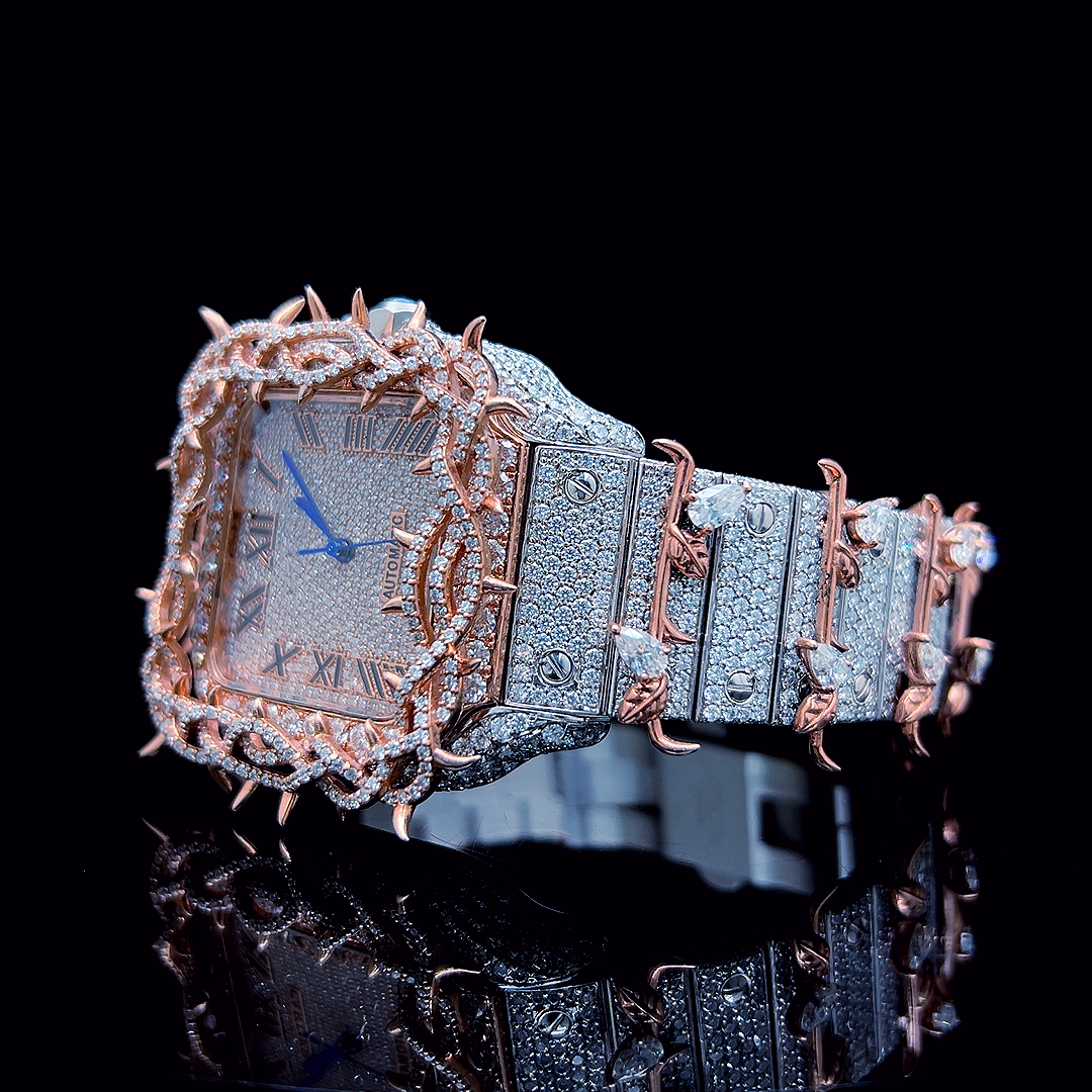 Square Iced Out Men’s Watch – White and Orange with Pavé Diamonds ELV-DW-012