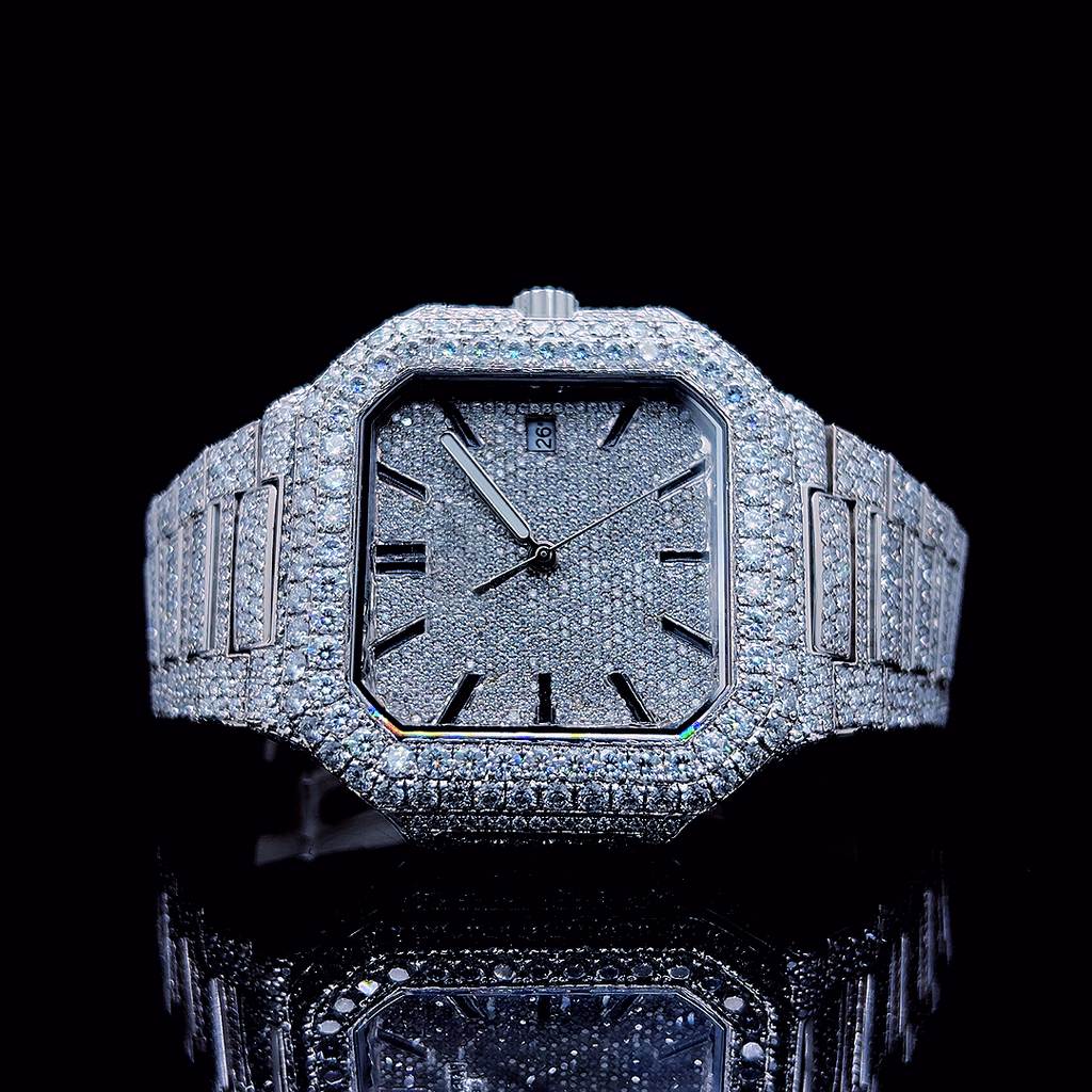 Square Iced Out Men’s Watch – White with Pavé Diamonds ELV-DW-009