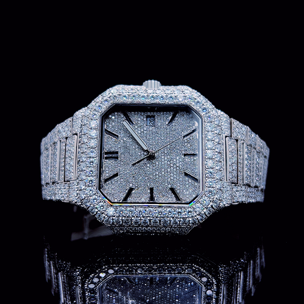 Square Iced Out Men’s Watch – White with Pavé Diamonds ELV-DW-009