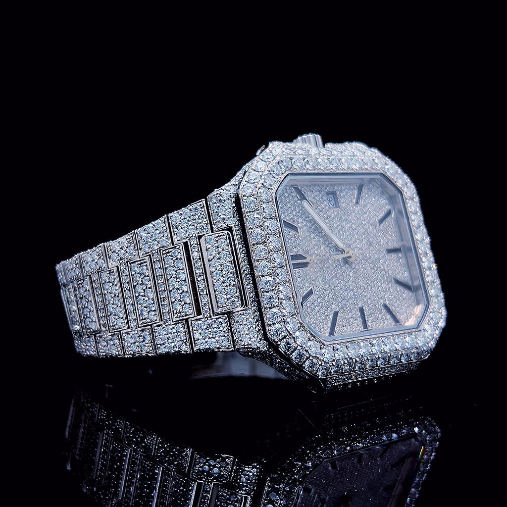 Square Iced Out Men’s Watch – White with Pavé Diamonds ELV-DW-009
