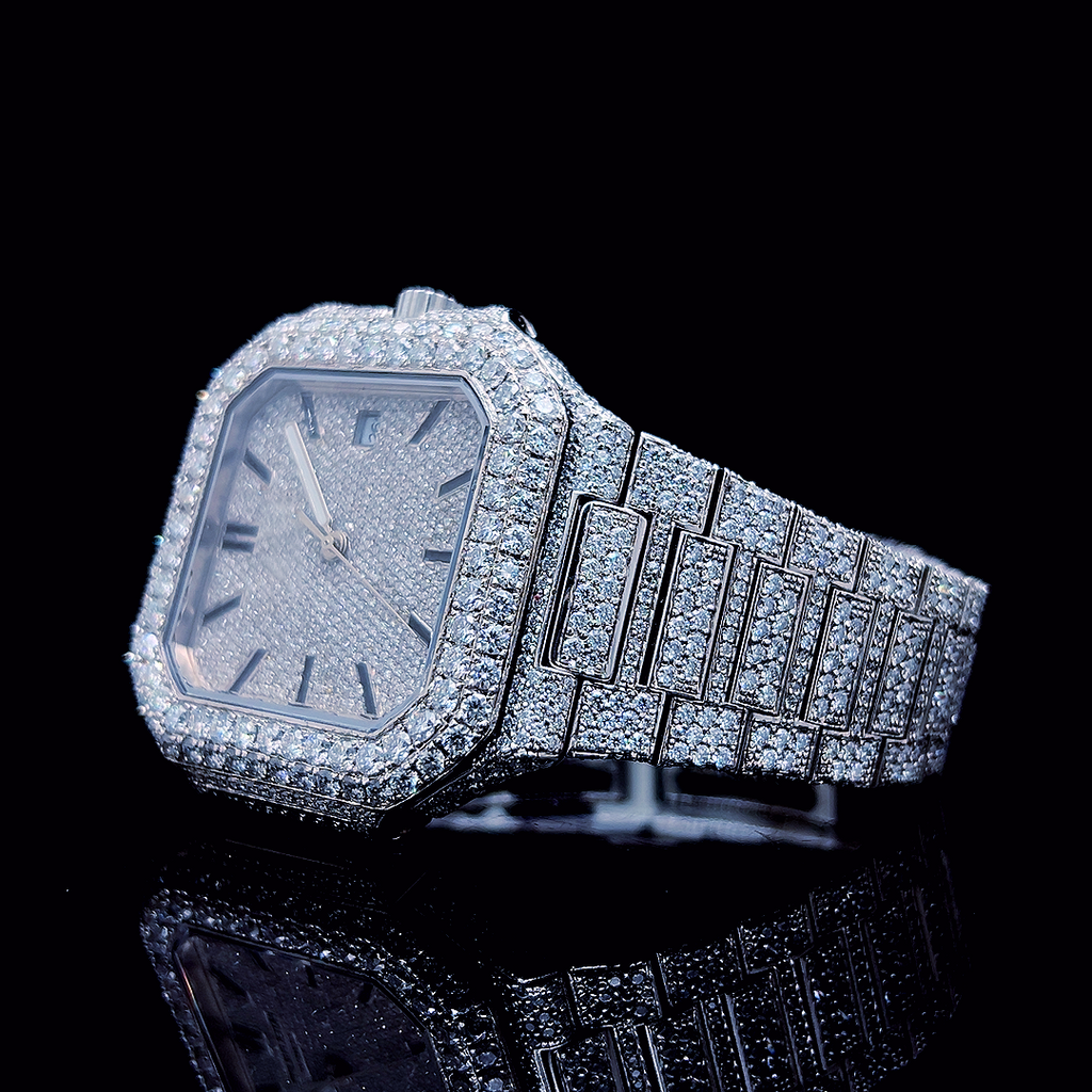 Square Iced Out Men’s Watch – White with Pavé Diamonds ELV-DW-009