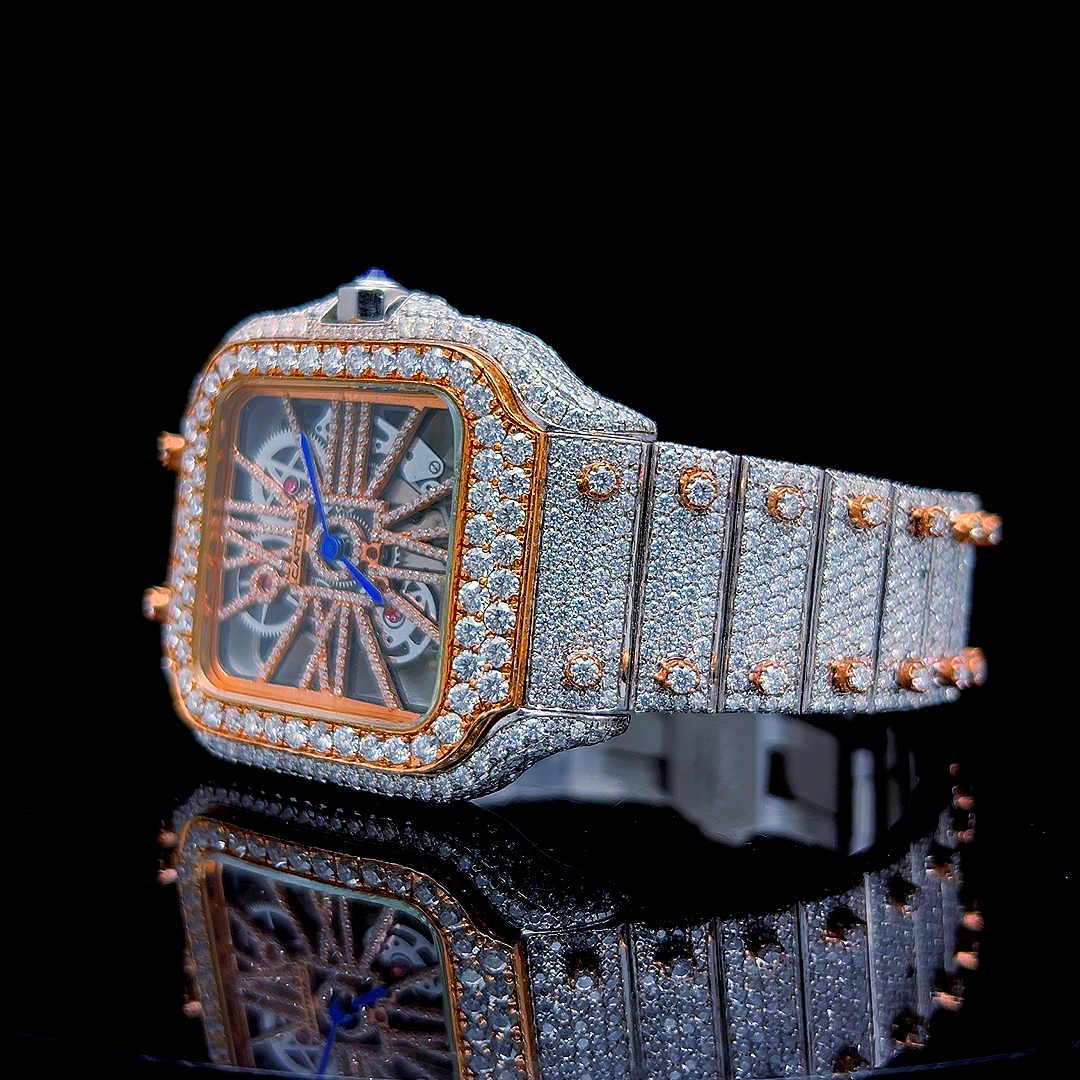 Square Iced Out Men’s Watch – White and Orange with Pure Diamonds ELV-DW-006