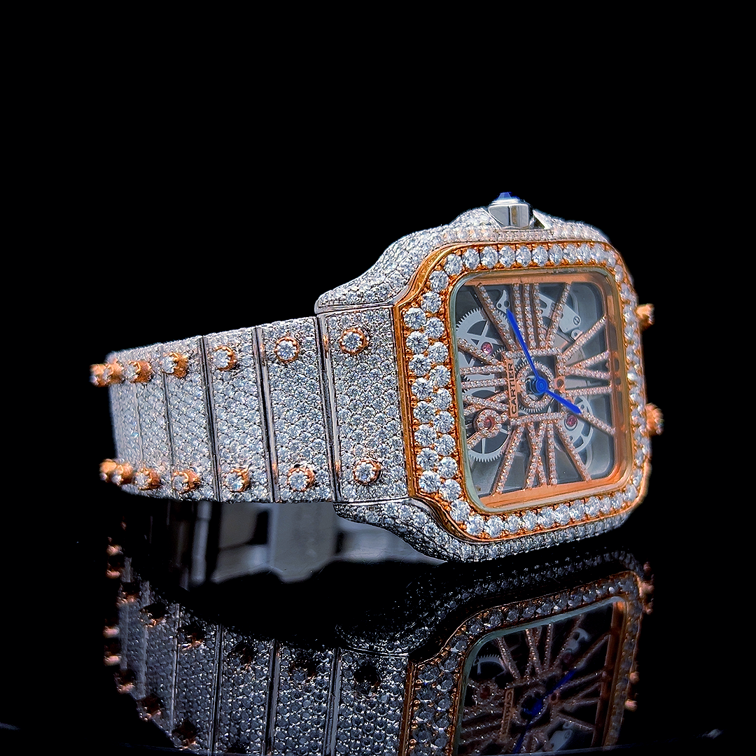 Square Iced Out Men’s Watch – White and Orange with Pure Diamonds ELV-DW-006