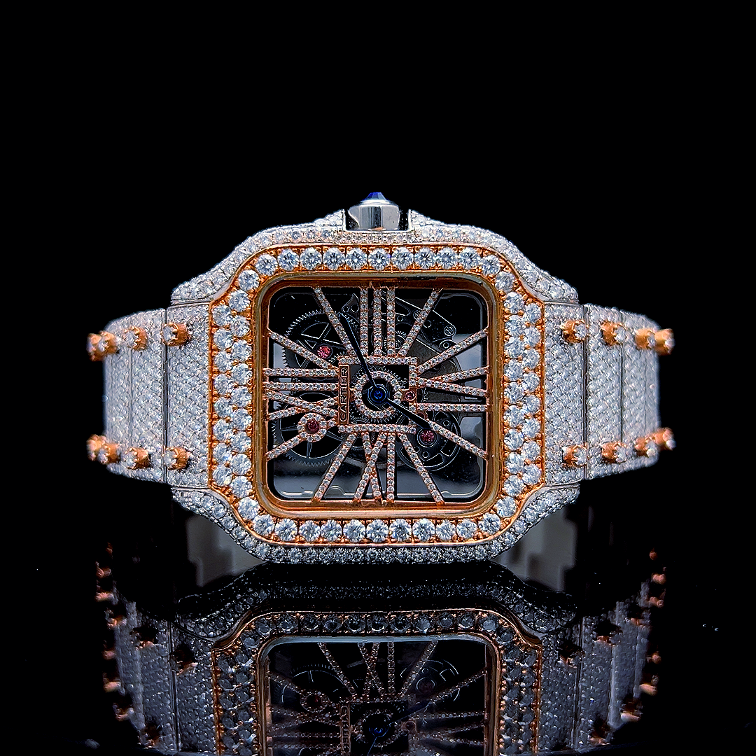 Square Iced Out Men’s Watch – White and Orange with Pure Diamonds ELV-DW-006